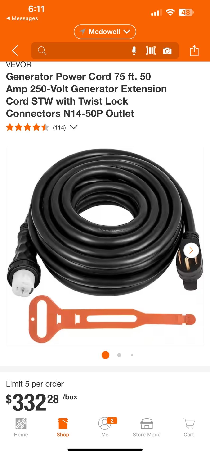 VEVOR Generator Power Cord 75 ft. 50 Amp 250-Volt Generator Extension Cord STW with Twist Lock Connectors N14-50P Outlet