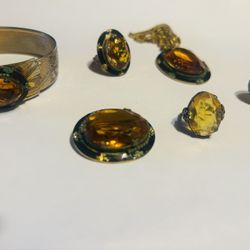 Antique Coro 1920’s Amber Authentic Glass , Bracelet 6 Pieces, Brooch,ring,  Earrings Necklace With Chain Original 