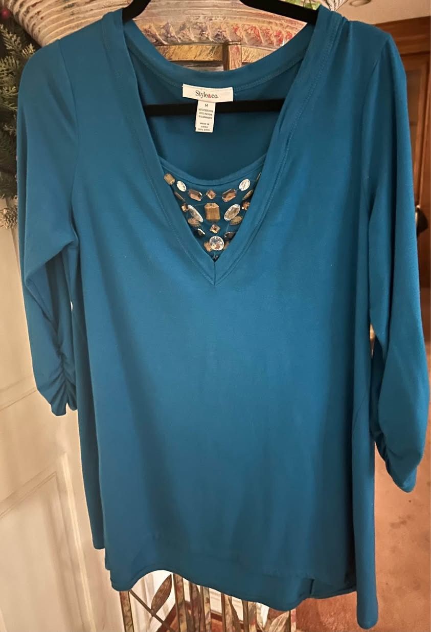 Style & Co Blue Top with Crystals and Gathers medium Sleeves - Medium