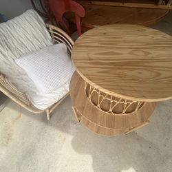 Boho Rattan Accent Chair + Round Side Table Set
