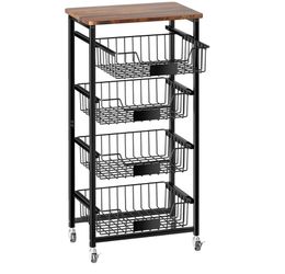 OKZEST 5-Tier Kitchen Storage Cart with 4 Upgraded Drawer Basket & Wood Top Mobile fruit basket stand with 4 PE liners, Rolling kitchen pantry organiz