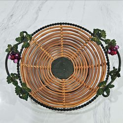 Vintage Decorative Wrought Iron and Wicker Tray w/ Green Leaves and Glass Grapes