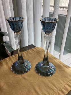 Vintage Murano Blue Iridescent Clear Gold Accents Glass Candle 11” tall In Excellent Condition