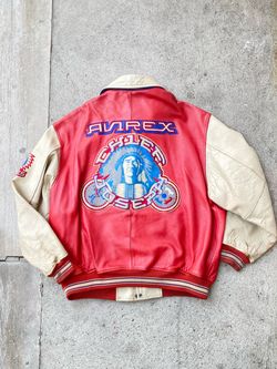 Vintage Avirex Edge Water Native Red American Indian Leather Varsity Jacket Size 2XL