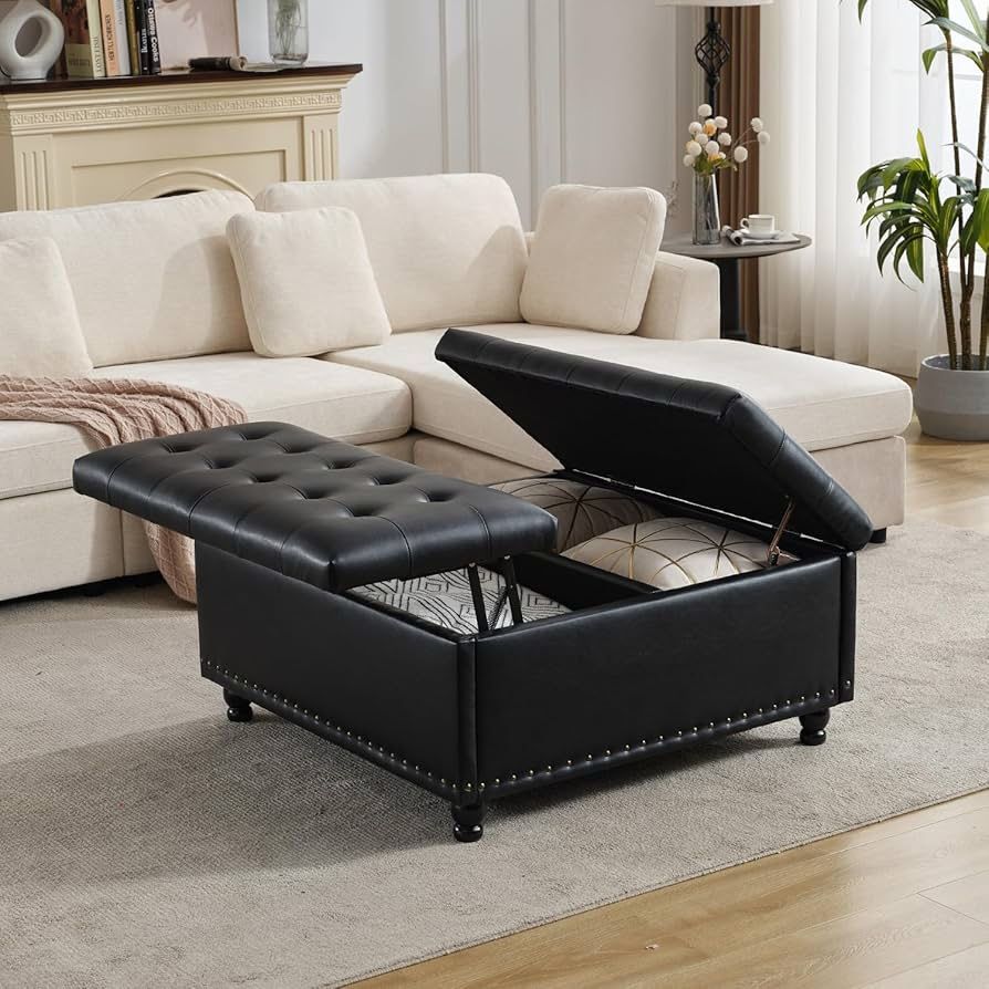 Large Square Storage Ottoman Bench, Tufted Upholstered Coffee Table Ottomans with Lift Top & Solid Wood Legs, Oversized Storage Ottomans Toy Box for L