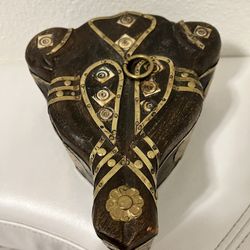 Vintage Indian casket sacred cow's head carved wood with stones and brass inlays