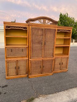 Bassett mid century wall unit entertainment center dresser set wicker cabinet boho vintage