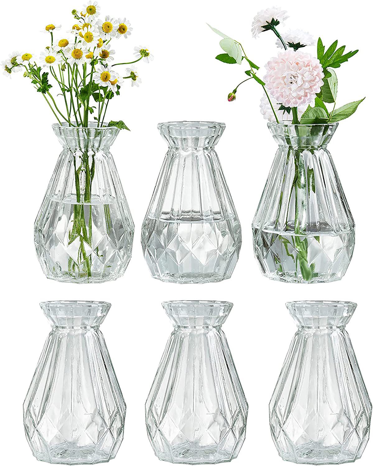 NEW! MyGift Decorative Clear Glass Vase, Diamond-Faceted Flower Bud Vases, Set of 6 / Florero