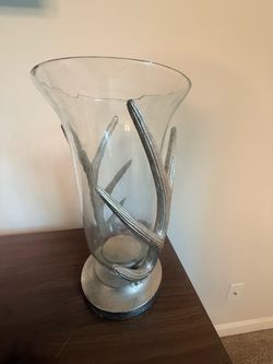 Glass Hurricane Vase with Silver Antler Base