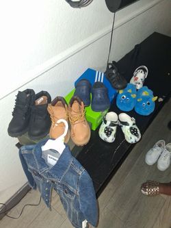 Timberlands, crocs,old navy jacket  jean
