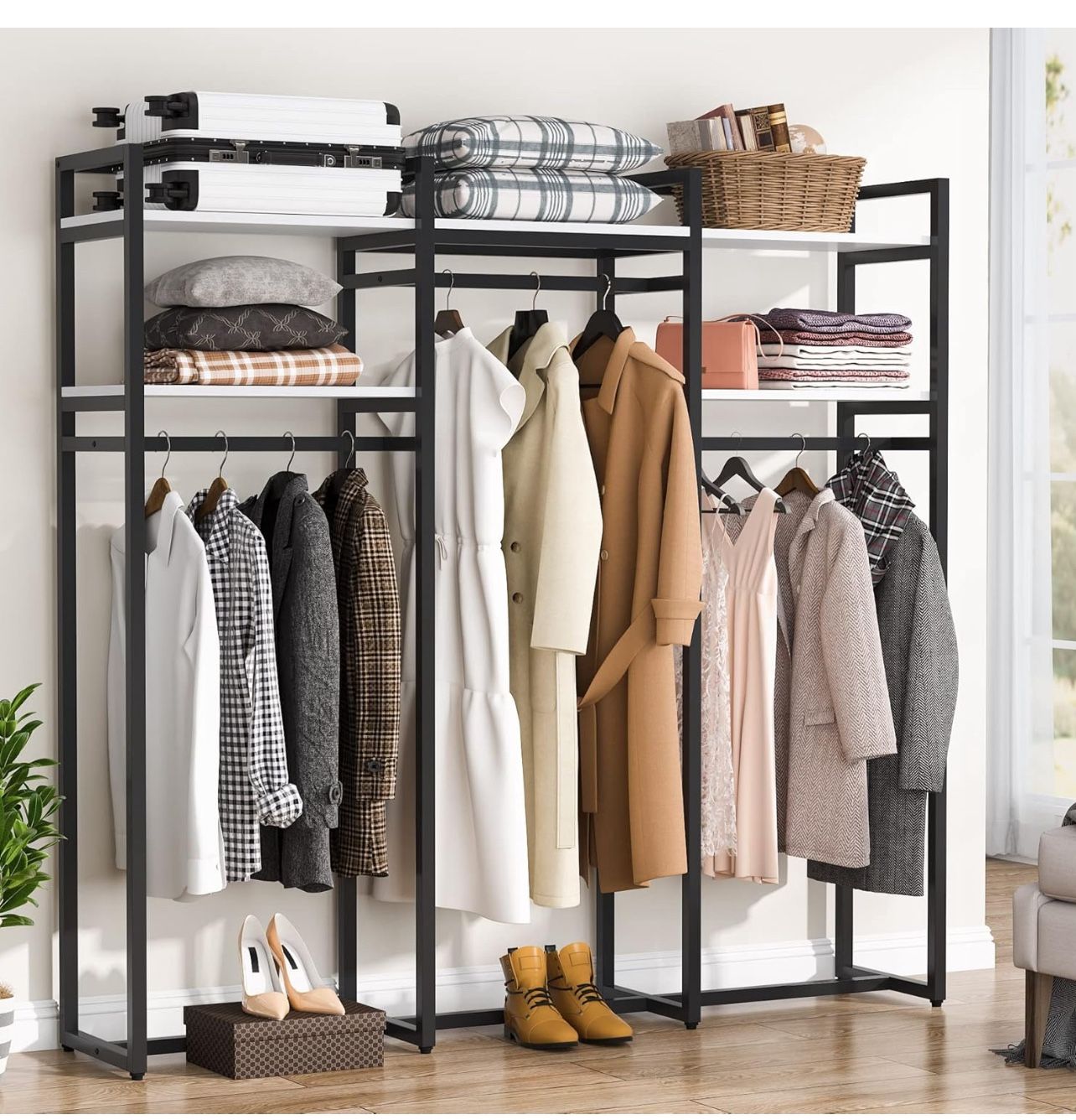 75” Closet System Freestanding Closet Organizer, 75 inch Clothing Rack with Shelves, Heavy Duty
