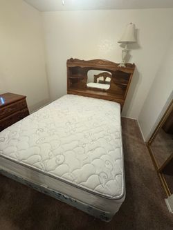 Queen Bed with Wood Bookcase Headboard, Mattress and Dresser with Mirror