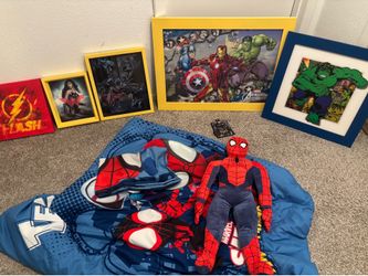Superhero themed decor and kids bedding set