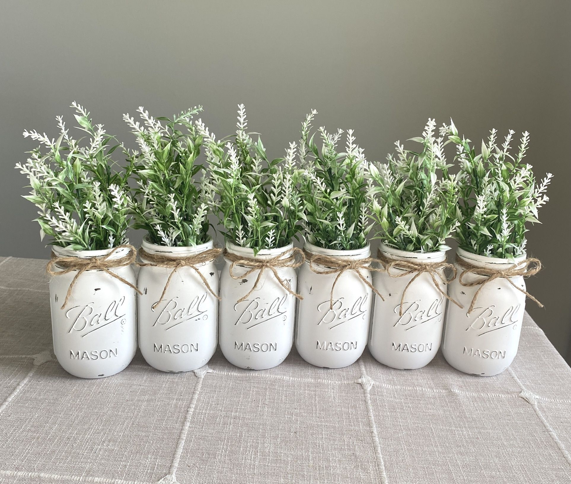Chalk Painted & Distressed Mason Jar Vases w/faux Flowers Included 6 for $32