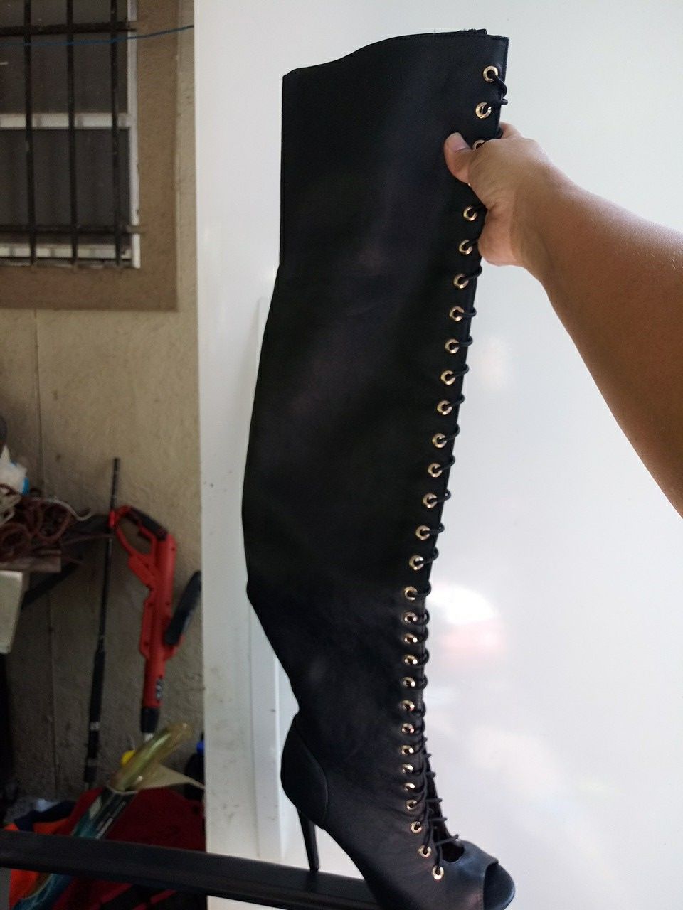 Open toe lace up thigh high boots new