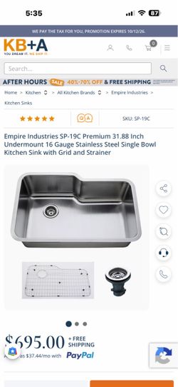Empire Industries SP-19C Premium 31.88 Inch Undermount 16 Gauge Stainless Steel Single Bowl Kitchen Sink with Grid and Strainer