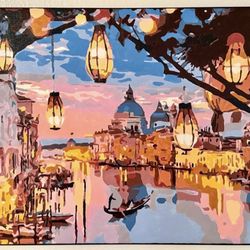 Venice Vibes Sunset Beach Handmade Canvas Painting Wall Decor (16 x 12 in)