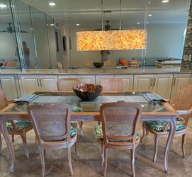 FRENCH PROVINCIAL GLASS TOP DINING SET – TABLE + 6 CANE BACK CHAIRS