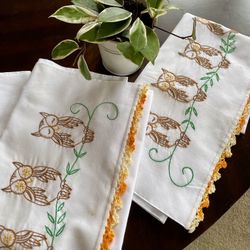 Vintage Set Of Two Hand Embroidered Owl-Themed Table Runners 