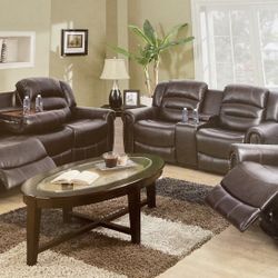 Brown Leather Fully Reclining Three Piece Couch Set 