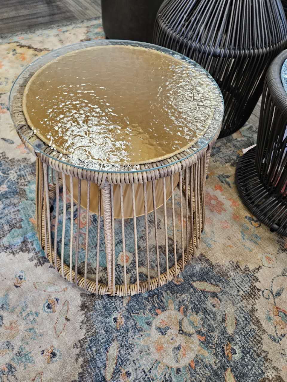 Boho Outdoor Patio Wicker Round Ice Bucket Table