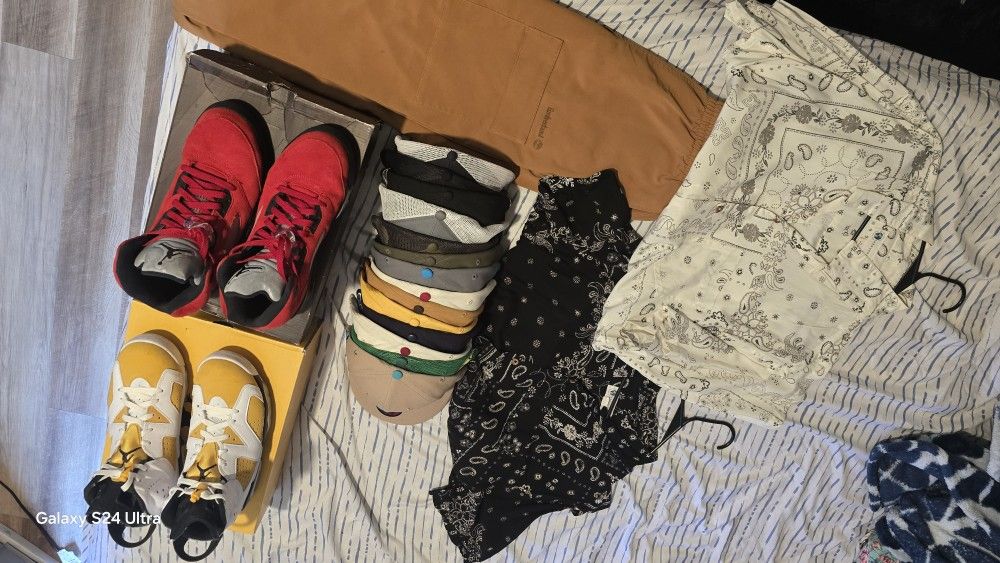 Shoes, hats, shirts, and pants