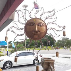 Large Metal Embellished Sun Face Beaded Wind Chime Wall Art