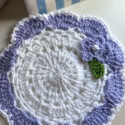 Handmade Crochet Doily with Purple Flower
