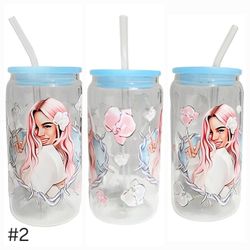 Karol G Clear Glass Tumbler Cup 16 oz UV DTF Design With Glass Straw