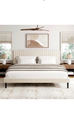King Size Bed Frame with Velvet Upholstered Headboard, Platform Bed with Strong Wood Slats, Mattress Foundation, Box Spring Optional, Easy Assembly, B
