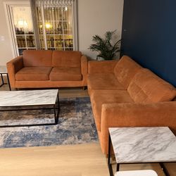 Living Room Set *Burnt Orange Couches* Marble Finish Coffee/End Tables