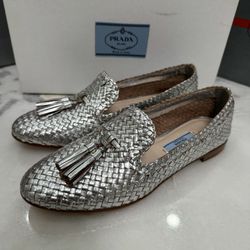Brand new - PRADA Silver Madras Metallic Woven Tassel Loafer Shoes Flat Size 36.5 - Originally $650.  Asking $295