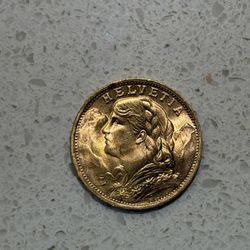 Swiss Gold 20 Francs Helvetia Coin - Random Year