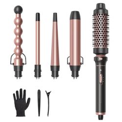 5 in 1 Curling Wand Set, Multi Curl, Curling Wand Set with Thermal Brush and 4 Interchangeable Ceramic Curling Wand(0.5”-1.25”), Instant Heat Up Wand 