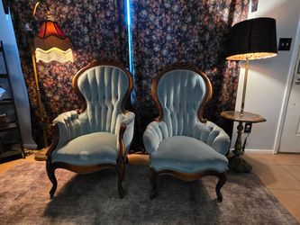 Pair of Vintage Blue Velvet Accent Chairs – Kimball Victorian Style