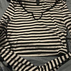 Muchica Striped Notched Neck Crop Tee