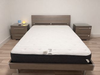 Queen Bed frame, mattress & night standa