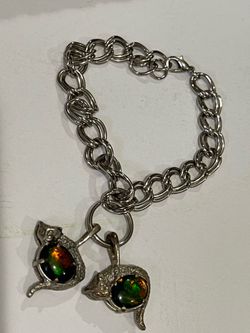 Vintage Polished Metal Bracelet with Two Silver  Cats Eye Cat Charms Pendants.