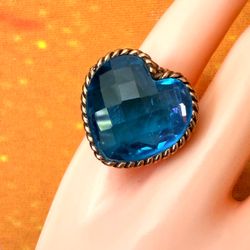 Sajen Blue Quartz Heart Statement Ring Gold Tone Filigree
