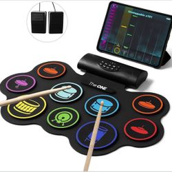 Electronic Drum Set 9 Pads Roll Up Drum Kit With Free App, Dual Built-in Speakers, Drum Sticks Pedals, Bluetooth MIDI, Great Christmas & Birthday Gift