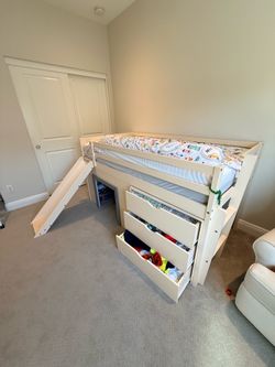 Twin size bed with slide and drawer