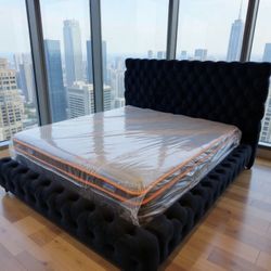 New King Size Black Bed Frame + Pillow Top Hybrid Mattress
