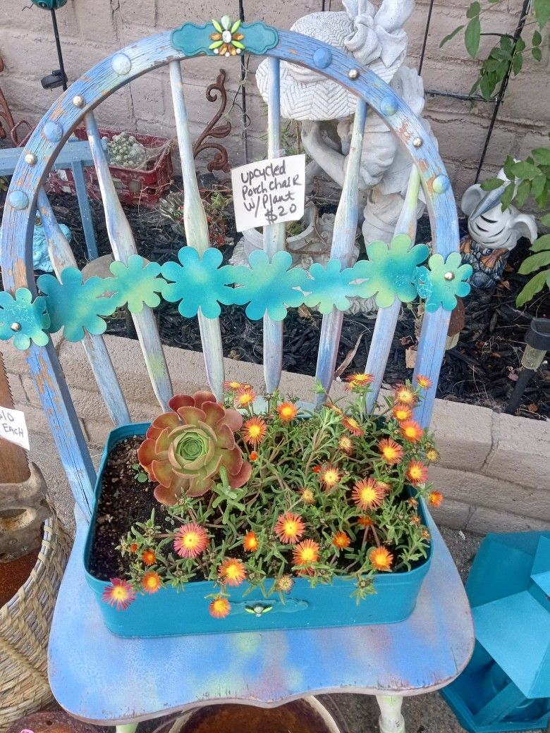ADORABLE UPCYCLED PORCH/GARDEN CHAIR WITH POTTED PLANT