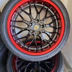 BLACK POLISHED RED LIP 18”RIMS AND TIRES SET