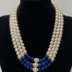 Vintage Signed G.Silver Faux Pear & Lapis Lazuli 3 Strand Beaded Choker Necklace