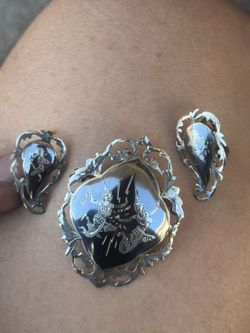 VINTAGE SIAM ETCHED DANCING STERLING SILVER 925 BROOCH PIN NIELLO RETRO And Earrings 