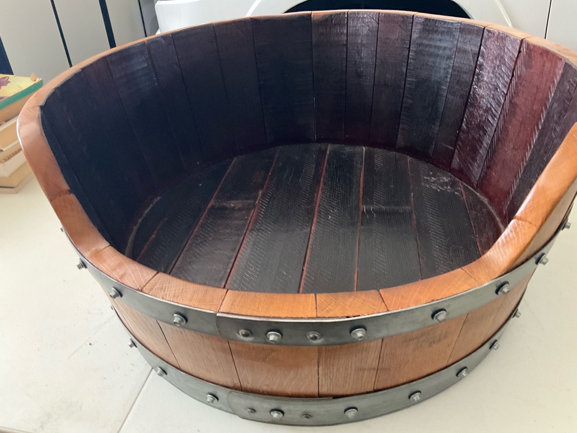 Wine barrel dog/pet bed.