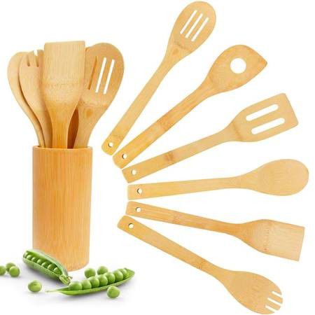 Bamboo Wooden Spoons & Spatulas Set - 6 Pieces Kitchen Cooking Utensils and 1 Holder, Heat Resistant for Non Stick Cookware