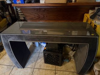 Gray Upholstered Console Table w/ Glass Top