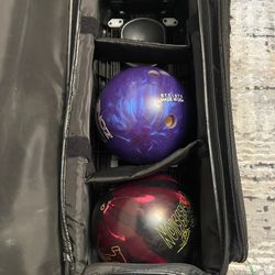 two bowling balls with the bag (one side is a little damaged) comes with 2 gadgets the bowling balls in excellent condition